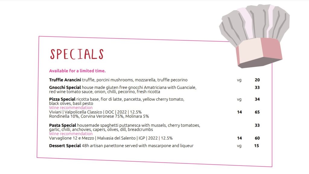 November Specials menu